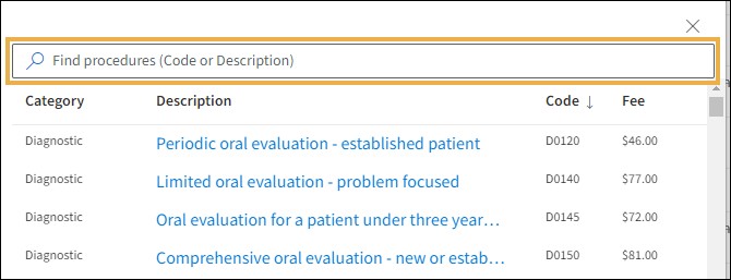 Procedure browser with yellow highlight box around the Search text box.